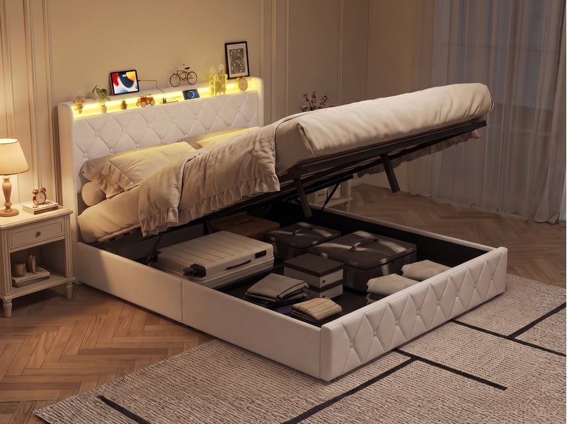  Lit coffre 140x200 cm, lit double rembourré en velours - cadre de lit avec rangement - ports usb et type-c - bandeau led multicolores, lit 2 places capitonné, velours beige  - Conforama B