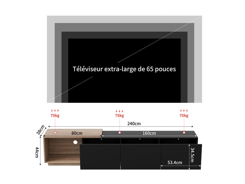  Meuble tv - 240x38x44cm - meuble tv moderne avec  extensible led, 3 tiroirs push-to-open &amp; capteur - noir et bois  - Conforama E
