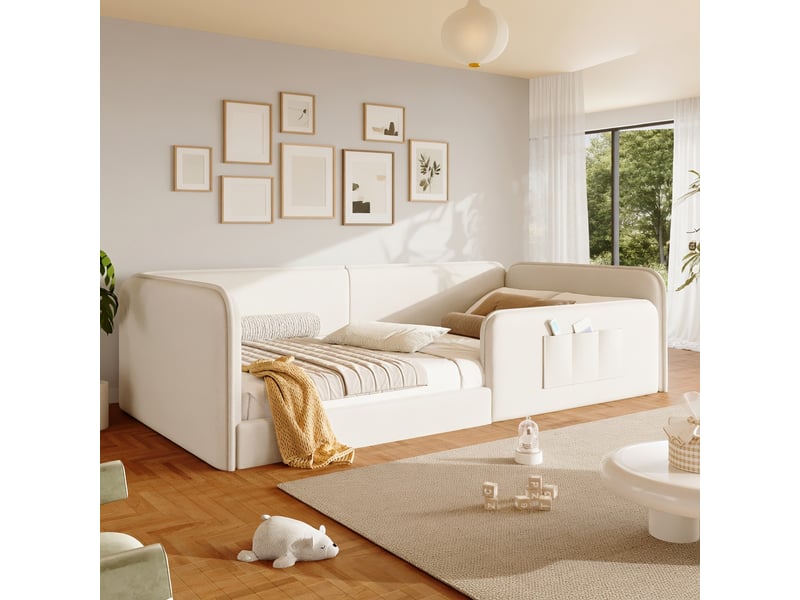  Lit d'enfant 90 x 200, avec un couvre-lit en lin doux et des barrières de sécurité sur tout le pourtour,beige  - Conforama B