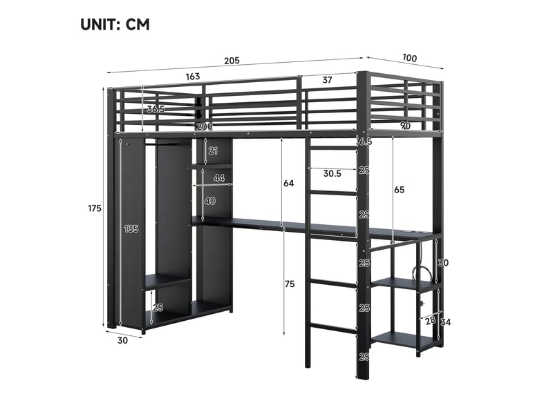  Lit mezzanine 90x200 cm - avec bureau penderie led prises usbtype-c étagères en747 - noir  - Conforama E