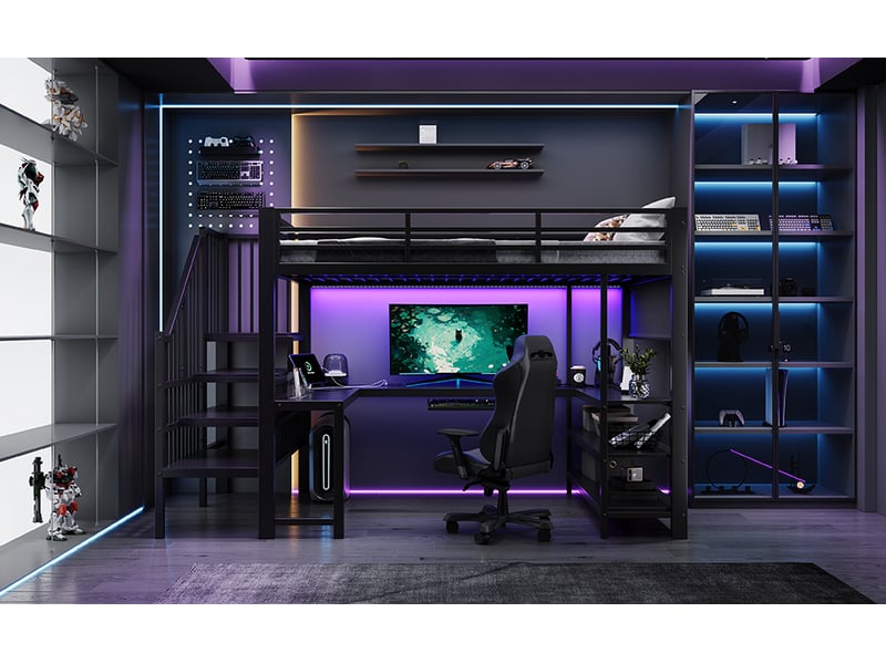  Lit mezzanine gaming 120 x 200 cm métal noir, bureau en u, escalier, tablette clavier, étagères, led et prise européenne  - Conforama B