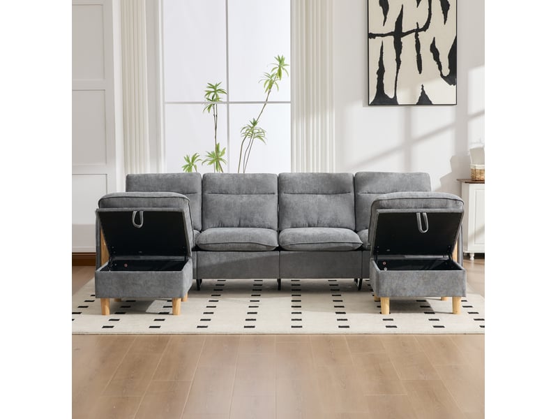  Canapé droit 4 pl 261x77x86 cm poches latérales et pieds en bois, 2 poufs de rangement, tissu chenille gris clair, pour le salon  - Conforama E