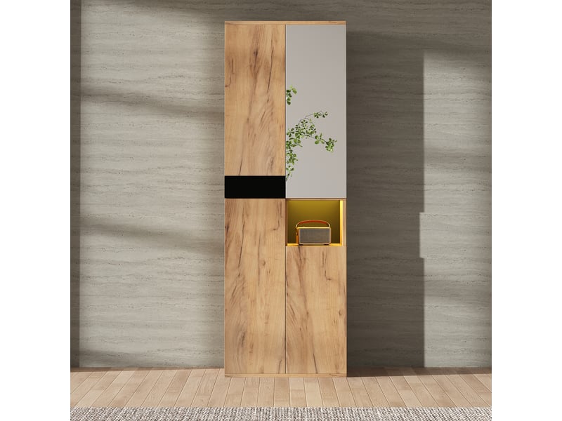  Armoire oslo noir bois 65x35x190 cm, miroir, 4 portes &amp; niche ouverte, rangement haut  - Conforama B