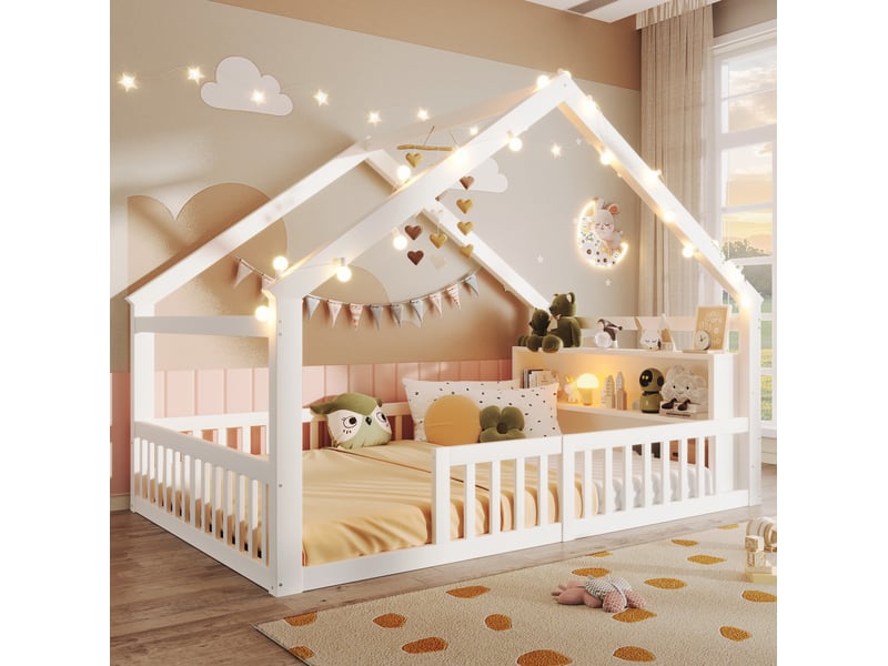  Lit cabane enfant 140x190 cm avec barrières, perles led et rangements intégrés en bois de pin blanc sans matelas  - Conforama B