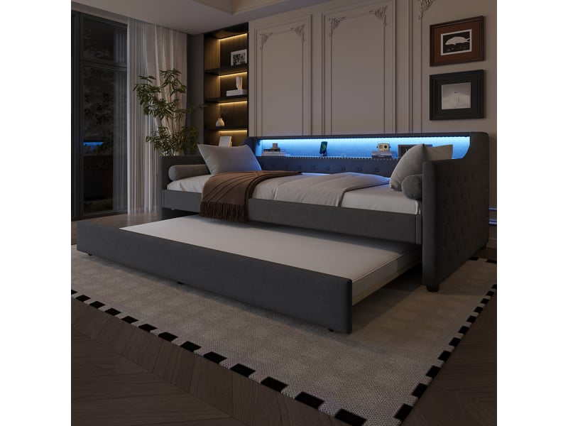  Lit gigogne 90x200 cm avec led et usb, tissu lin gris, structure mdf, sans matelas  - Conforama R