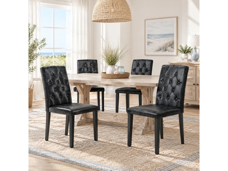  Chaises de salle à manger lot de 4 dossier matelassé  - pieds métal antidérapants pu noir  - Conforama B