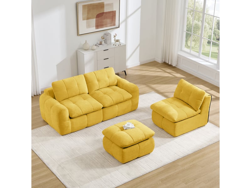  Canapé d’angle modulable 3 places en chenille jaune – 264 x 160 x 68 cm Fay Lum - Conforama D