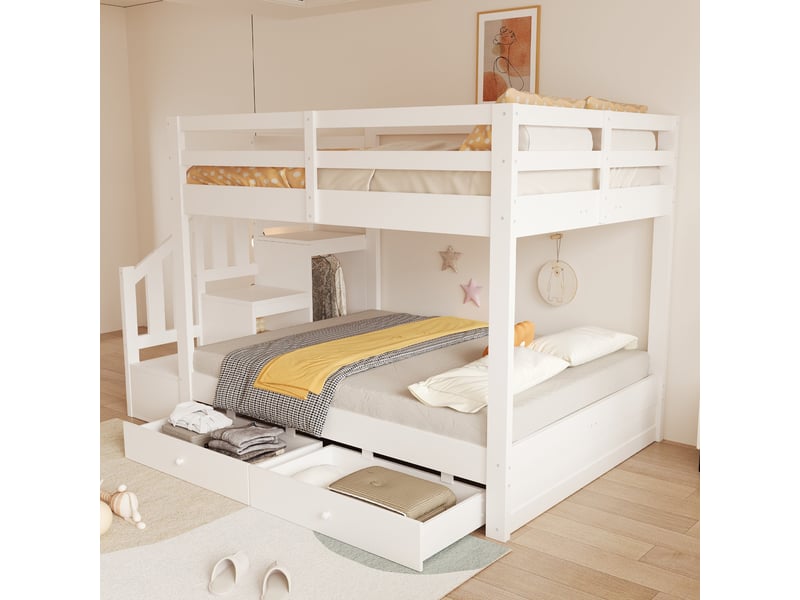  Lit superposé en bois 140 x 200 cm, avec échelle de rangement, portant simple, grille de sécurité et tiroir de rangement, blanc  - Conforama D