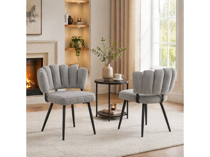  Lot de 2 chaises de salle à manger en velours structuré gris clair et pieds en métal noir, h. 80 cm  - Conforama C