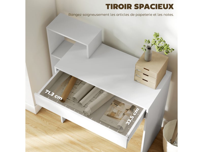  Bureau avec rangement, bureau d'ordinateur avec 3 étagères de rangement et tiroir, blanc, 100 x 40 x 90 cm  - Conforama E