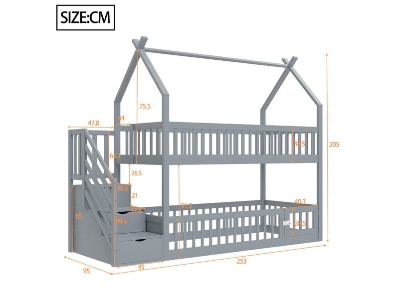  Modenvie lit superpose enfant 90x200 cm - avec escalier de rangement, toit cabane - sans matelas - gris  - Conforama C