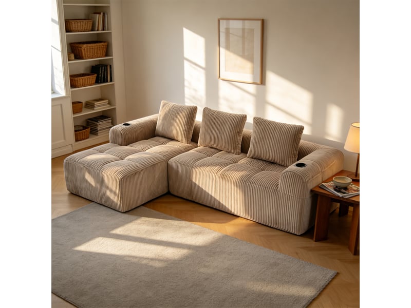 Canapé modulable, 3 places, avec accoudoirs, revêtement en velours côtelé, , sans assemblage, kaki  - Conforama C