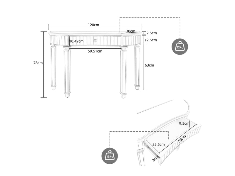  Console demi-lune à éléments miroir 120x38x78 cm avec tiroir en verre et mdf gris et argent  - Conforama E
