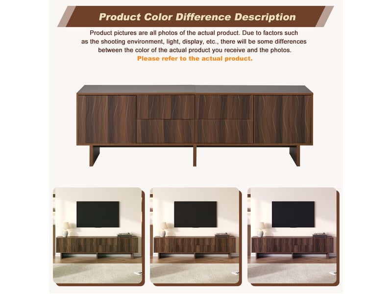 Meuble tv au design ondulé, meuble tv 180 cm de largeur pour télévision jusqu'à 75 pouces, 4 tiroirs et 2 portes, noyer foncé - Conforama W