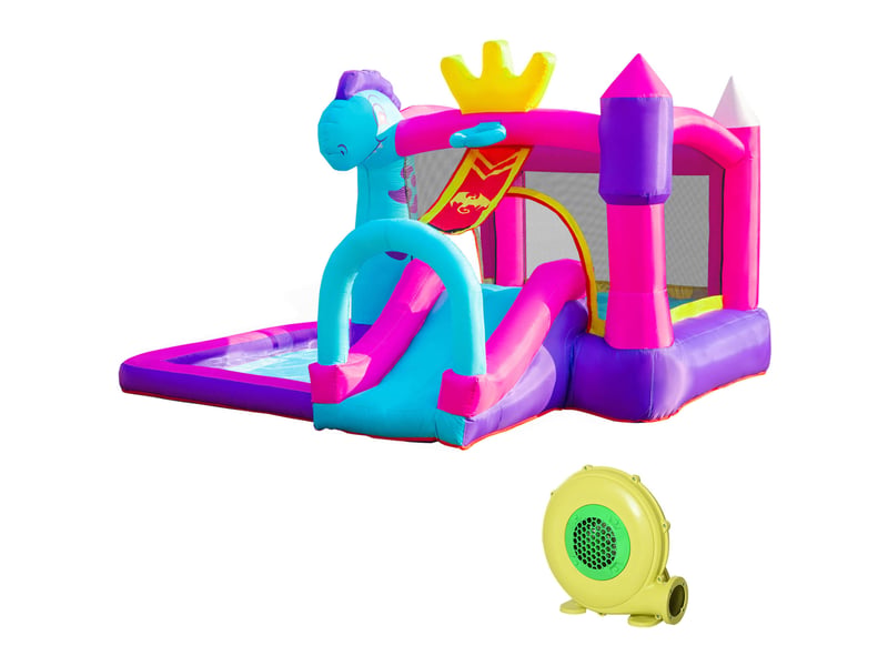 Château gonflable, toboggan, trampoline, piscine, panier, max 3 enfants 3+ ans, gonfleur, sac, souffleur 350w, 300lx270lx200h cm, multicolore. - Conforama B
