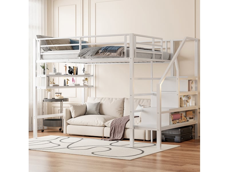  Lit mezzanine enfant 140x200 cm avec rangements, échelle et espace libre, blanc  - Conforama E