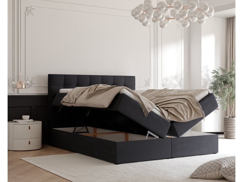  Lit adulte grand - 180x200 cm - matelas ressorts + surmatelas - coffre de rangement - velours doux hydrofuge noir GRAND - Conforama C