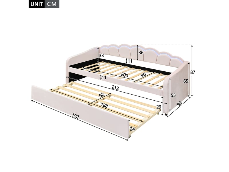 Lit banquette rose 90x200 cm en velours avec lit gigogne et led multicolore - Conforama C