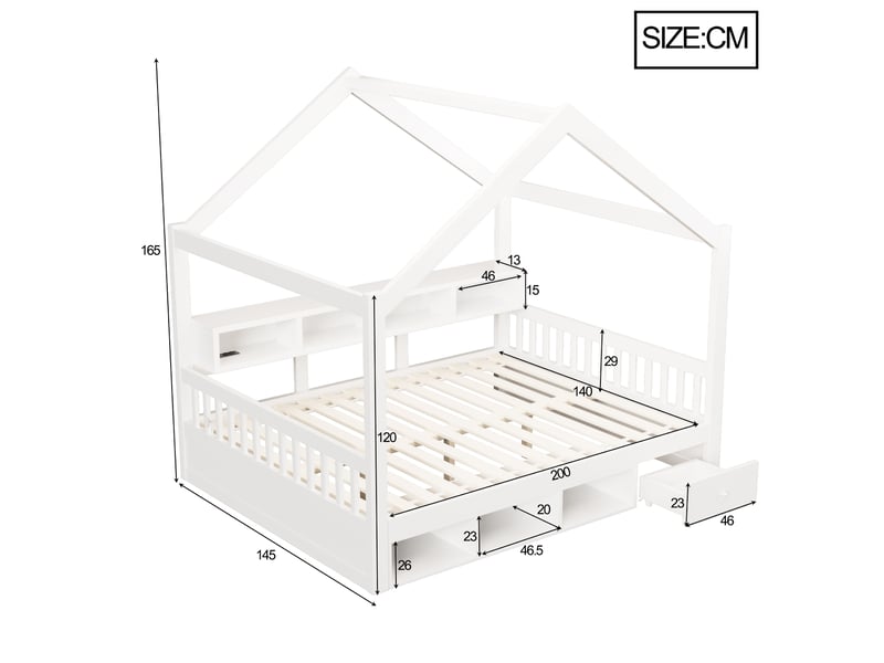  Lit cabane 140x200 cm blanc avec rangements, tiroirs, led et prises  - Conforama C