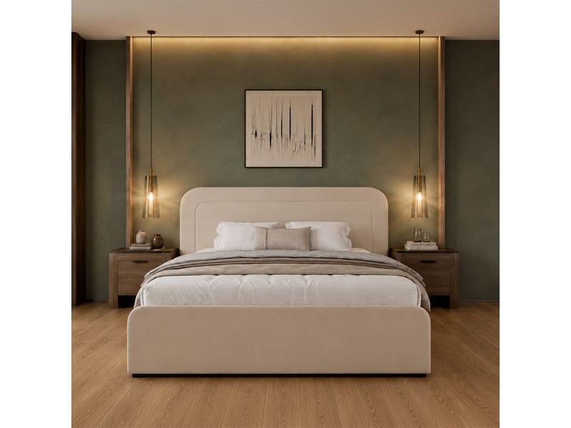  Lit avec coffre de rangement 140x190cm en velours beige boise  - Conforama D
