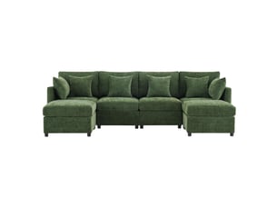 Canapé modulable en tissu chenille avec 2 poufs et 6 coussins vert