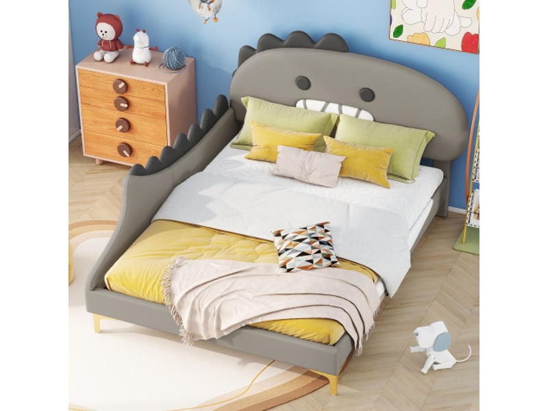 Lit enfant 140x200cm lit double avec forme dinosaure dessin animé, en cuir artificiel gris, sans matelas - Conforama B