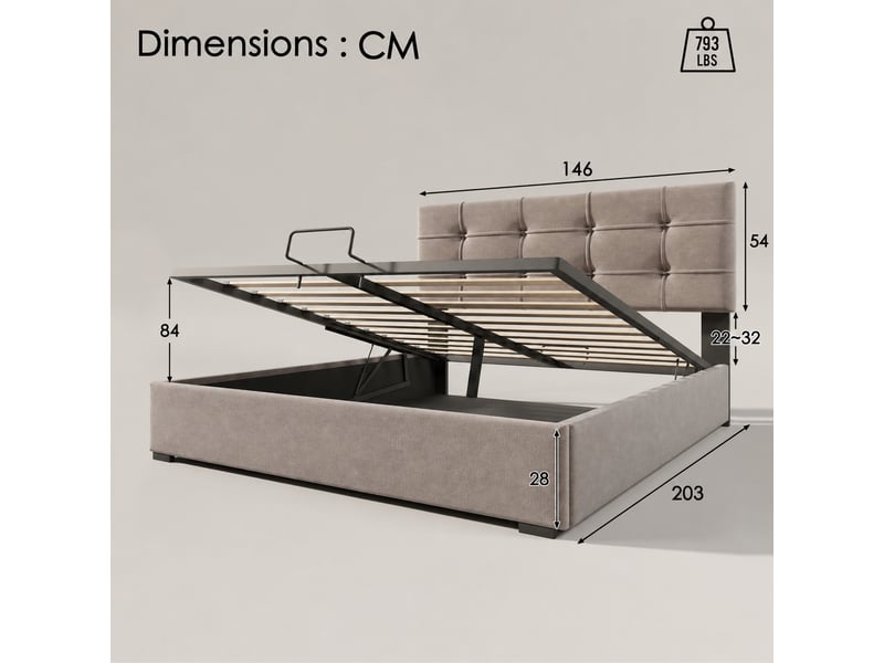 Lit coffre 140x200 avec matelas, velours gris clair, tête réglable - Conforama C
