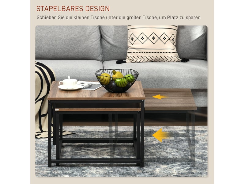 Tables basses gigognes 2 pièces avec pieds réglables plateau effet bois et acier noir style industriel pour salon - Conforama D