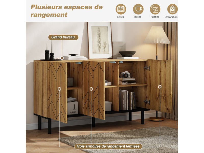 Buffet 120x35x70 cm, 3 portes motif ondulé, bahut de rangement, salon, séjour, panneau de particules et métal, naturel - Conforama D