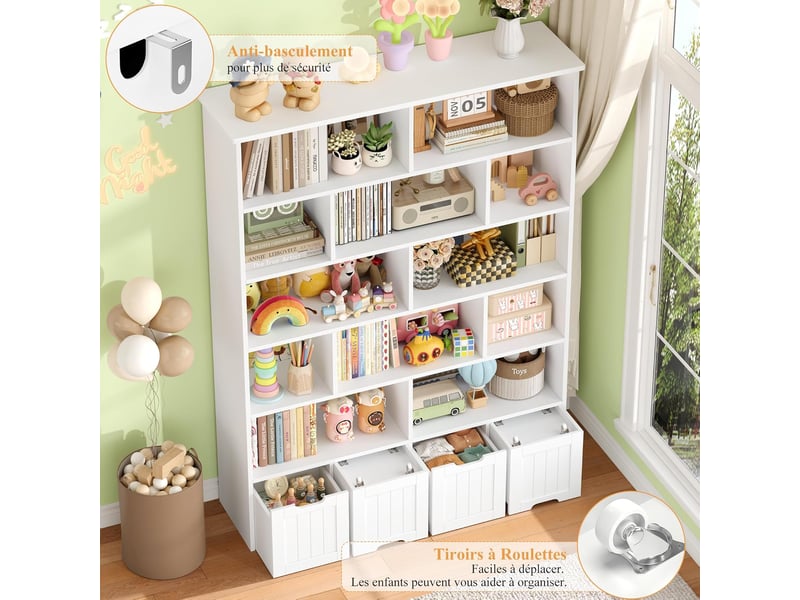 Meuble de rangement enfant bibliothèque enfant avec 13 étagères 4 tiroirs roulants rangement jouet 125.5x33x175cm blanc - Conforama D