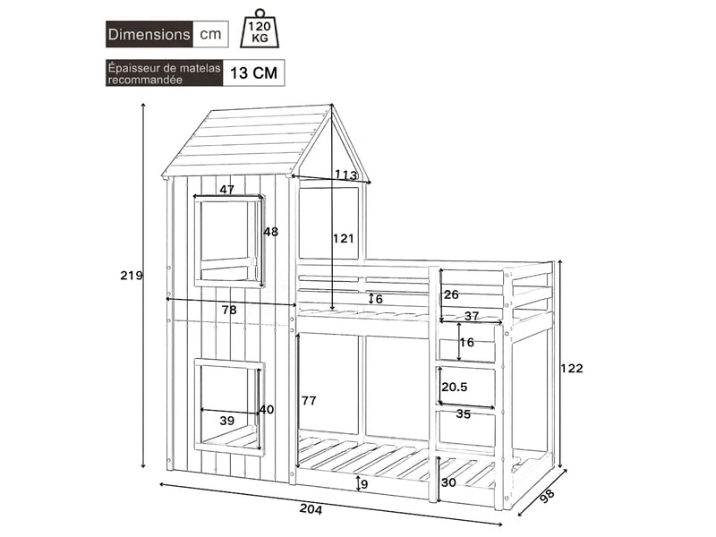  Lit superposé 90x200 lit cabane enfant avec échelle et baldaquin bois massif blanc  - Conforama C