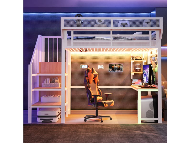  Lit mezzanine enfant 90x200 cm avec led et bureau, étagère et filet de rangement, échelle, métal+mdf, blanc sans matelas  - Conforama D