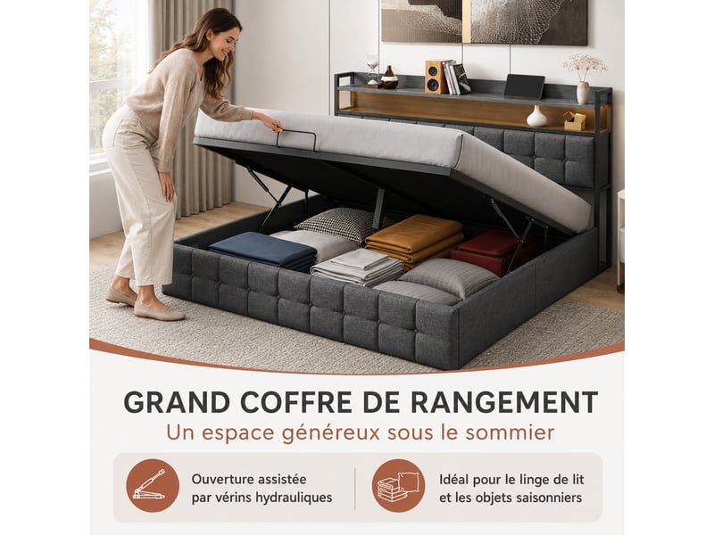  Lit coffre adulte 140x200 avec led et usb, lit double rembourré avec sommier à lattes, lit 2 places avec rangement, lin gris  - Conforama R