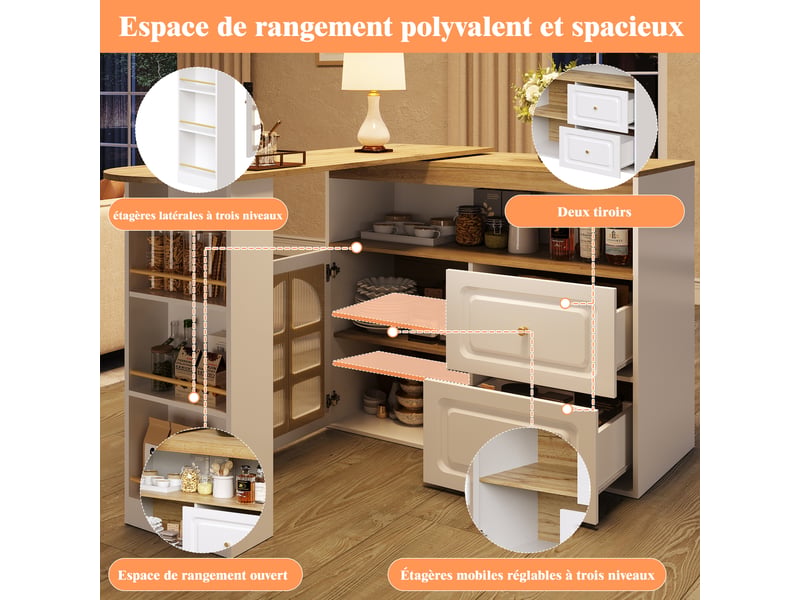  Meuble bar tournant extensible 138-204x39x104 cm avec porte en verre trempé cintrée, 2 tiroirs et rayonnage, mdf, blanc  - Conforama R