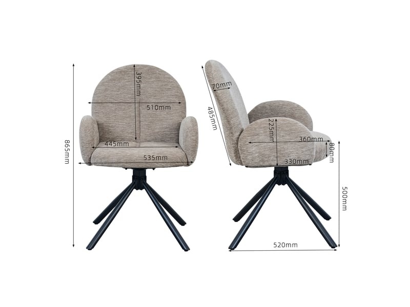  Lot de 2 chaises de salle à manger pivotantes avec accoudoirs en chenille taupe et pieds en métal noir  - Conforama E