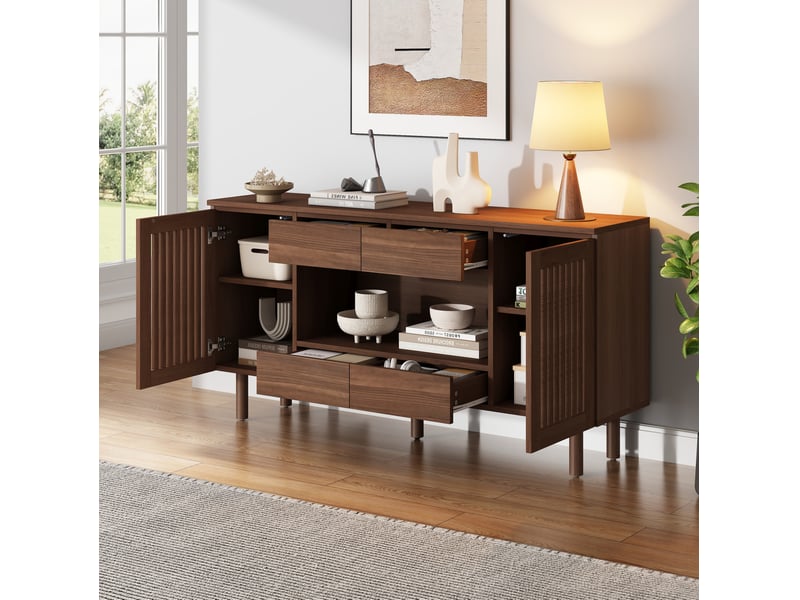  Buffet bas avec 4 tiroirs et 2 portes à lamelles, pieds en bois, pour salon et salle à manger, noyer, 140 × 35 × 71 cm  - Conforama C