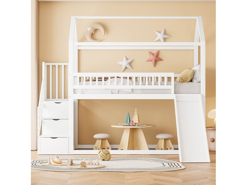  Modenvie lit mezzanine enfant 90x200 cm - avec toboggan, échelle de rangement - sommier inclus - blanc  - Conforama E
