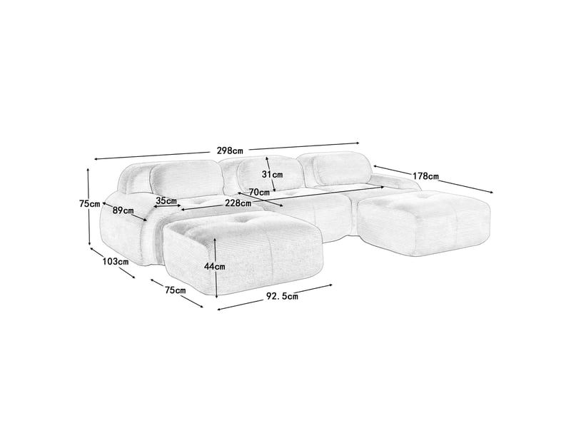 Canapé modulaire u en velours côtelé,32d élastique,base anti-dérapant,repose-pieds amovibles,accueil d'animaux - salonbureau,gris 298x178x75cm - Conforama E