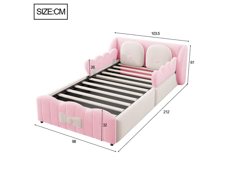  Lit coffre enfant 1 place 90×200 cm, rangement hydraulique et coussins - okmyhome- velours rose, sans matelas  - Conforama D