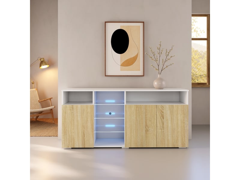 Buffet de salon bas 3 portes avec led | 150x70x35cm | meuble de rangement | modèle clark | Blanc et sonoma Clark - Conforama C