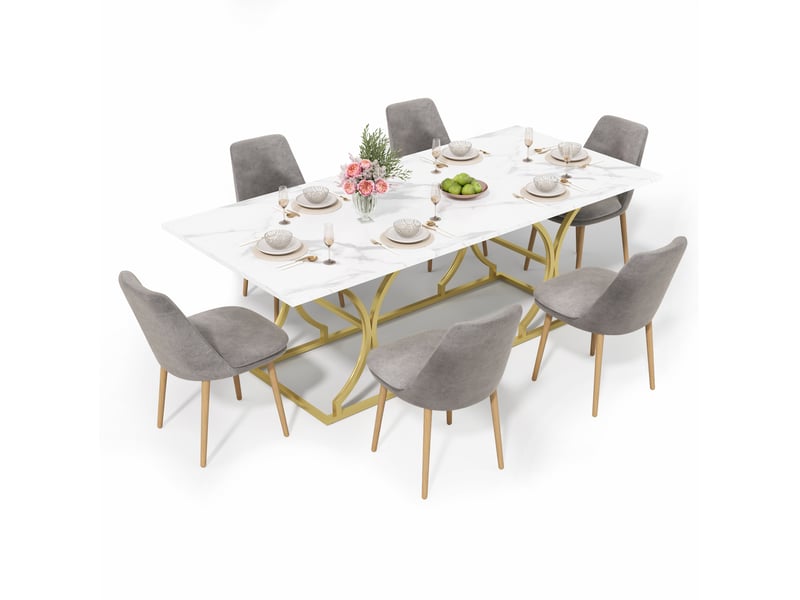  Table de salle à manger 200 x 80 cm blanche et dorée en mdf, avec pieds métalliques réglables, 8 à 10 personnes  - Conforama A