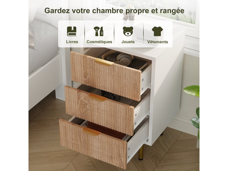  Lot de 2 table de chevet ,table à chevet avec 3 tiroirs ,commode, motif à rayures,40 x 40 x 65 cm, couleur bois  - Conforama E