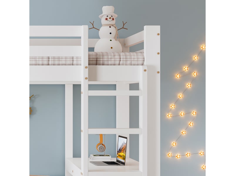  Lit superposé enfant avec bureau tiroirs et étagère 204x99x160 cm blanc bois massif et mdf couchage 90x200 cm Sol Morn - Conforama E