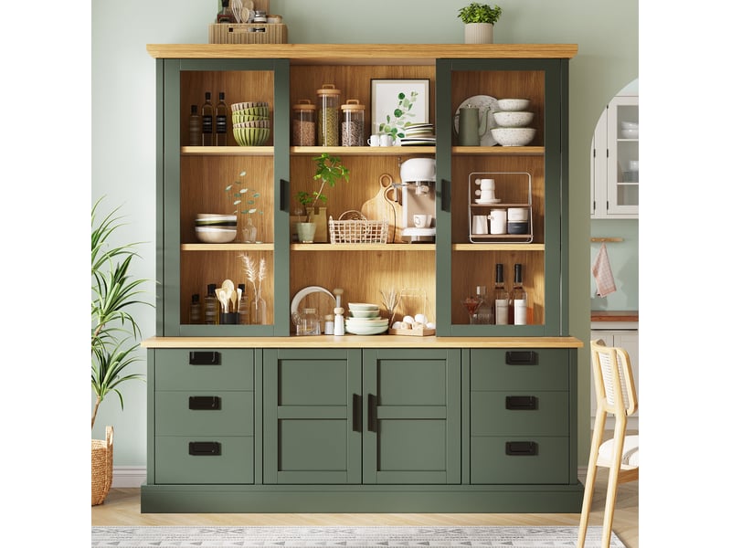  Buffet haut de cuisine avec vitrine 4 portes, 6 tiroirs et étagères réglables en mdf vert foncé 140 × 40 × 185 cm  - Conforama D