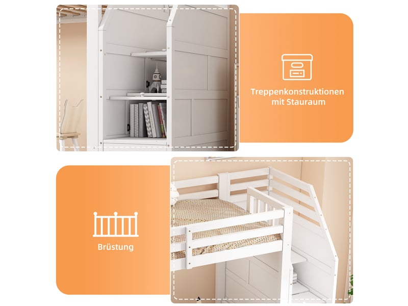 Lit mezzanine enfant simple 90×200 cm avec barrières et escalier rangement - sans matelas pin blanc - Conforama E