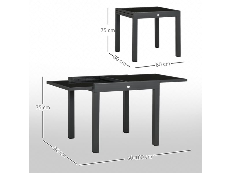  Table de jardin extensible en aluminium, rectangulaire, avec plateau en verre trempé pour terrasse, 80-160 x 80 x 75 cm, noire  - Conforama E