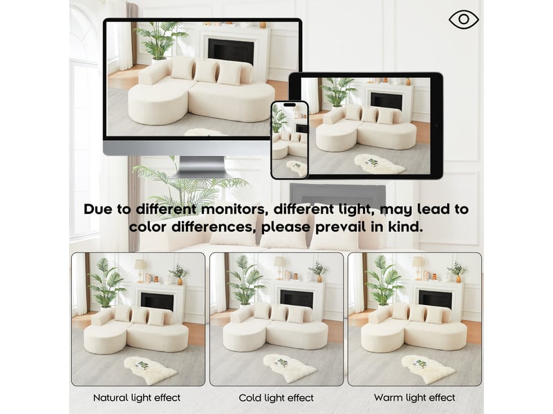 Canapé d'angle velours côtelé 4 places 220 cm beige, méridienne incurvée, sans montage - Conforama W