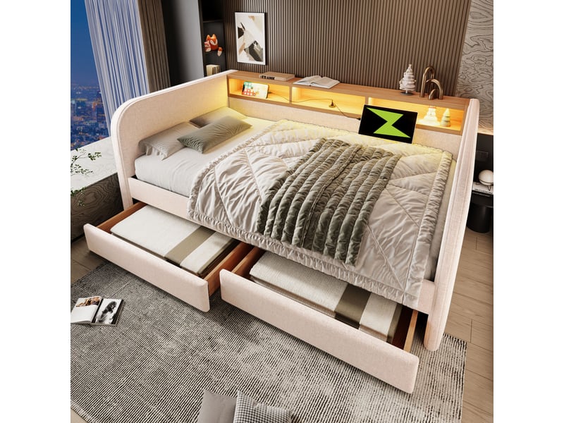  Lit banquette 140x190 cm avec éclairage led et 2 tiroirs, lit double, rangement, style simple, lin beige sans matelas  - Conforama R