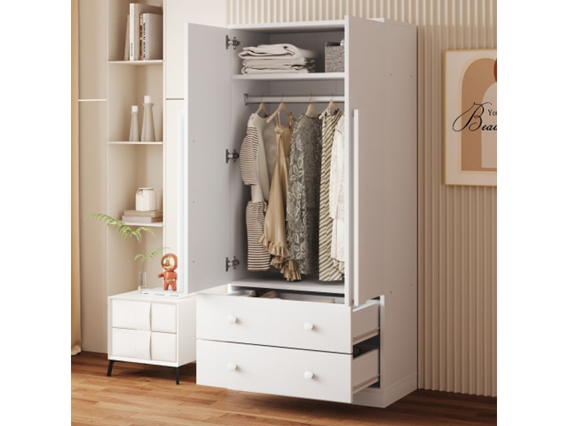 Armoire blanche 70×40×170 cm, portes doubles, tiroirs et étagères - rangement chambre moderne - Conforama E