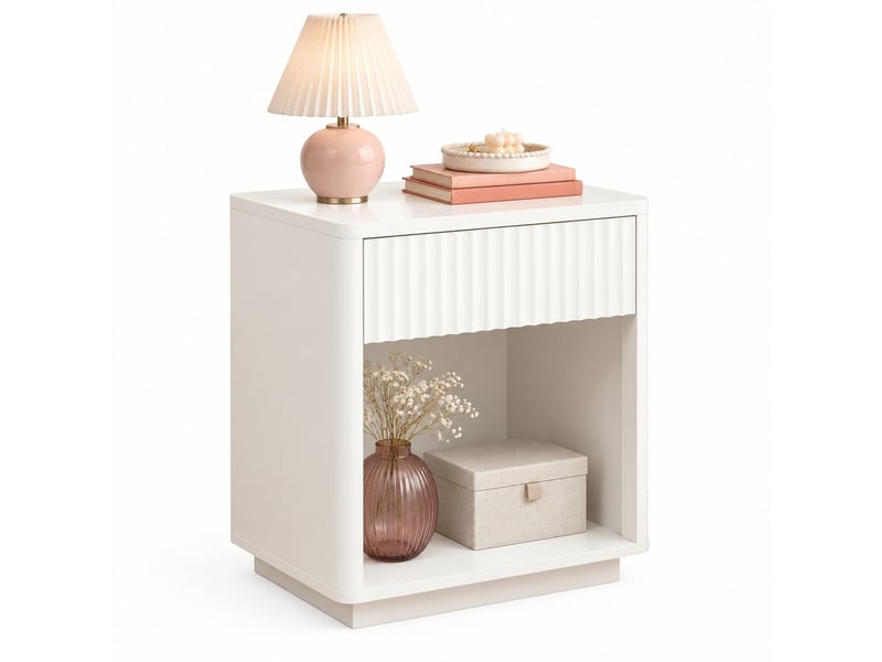  Table de chevet avec tiroir et niche de rangement pour chambre en mdf 63,5×38×46,5 cm blanche  - Conforama A